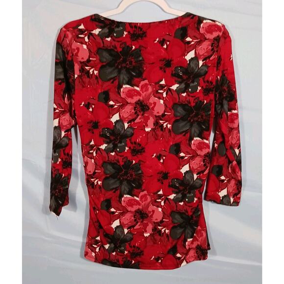 STYLE & CO Sparkly Top Red Black White Floral Cowl Neck 3/4 Sleeve Medium - Picture 7 of 7